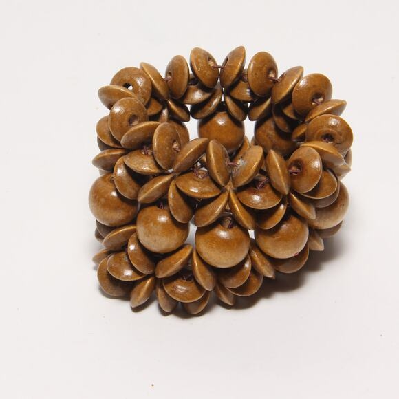 Vintage 90s Chunky Wood Look Beads Stretch Bracelet 2 3/8" wide - Picture 2 of 5